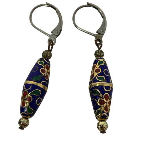 Unbranded Cloisonne Blue Flower Gold Tone Trim Dangle Drop Earrings - Picture 1 of 3
